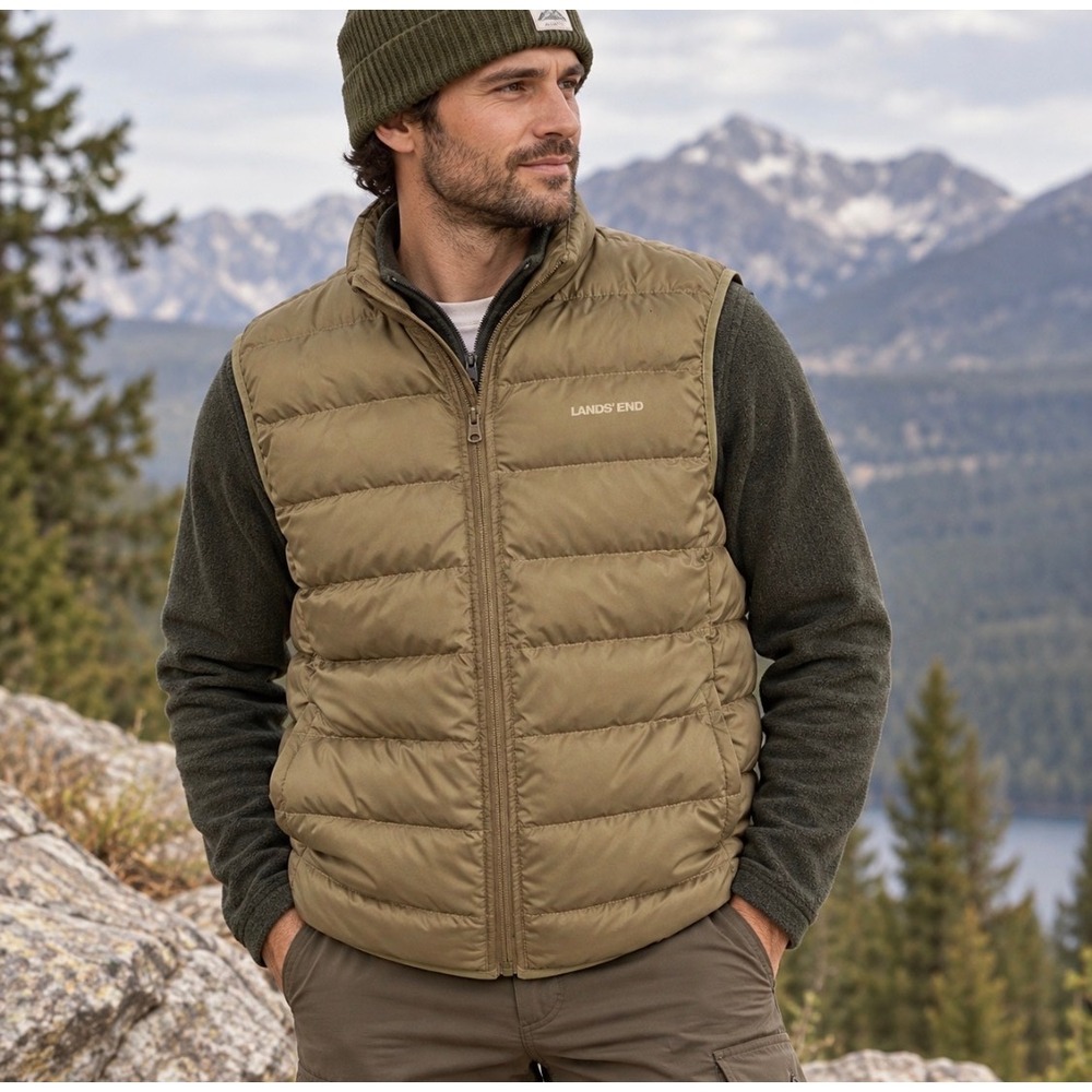 Lands End Mens Down Puffer Vest Size L Full Zip Beige Outdoors Hiking Gorpcore